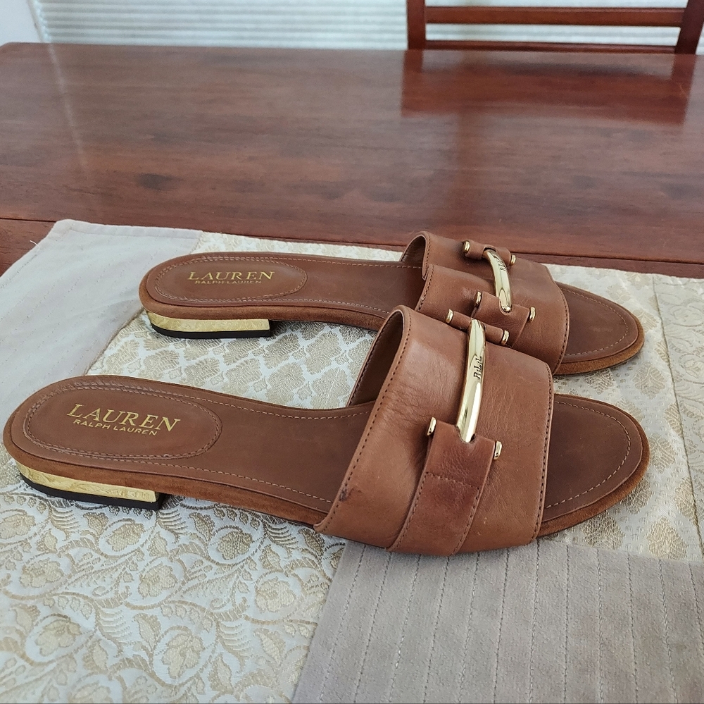 Ralph Lauren Leather Horsebit Tan Slide - 10